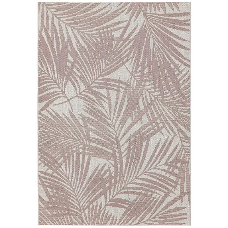 Beige area rug with pink palm leaf pattern and flat woven texture