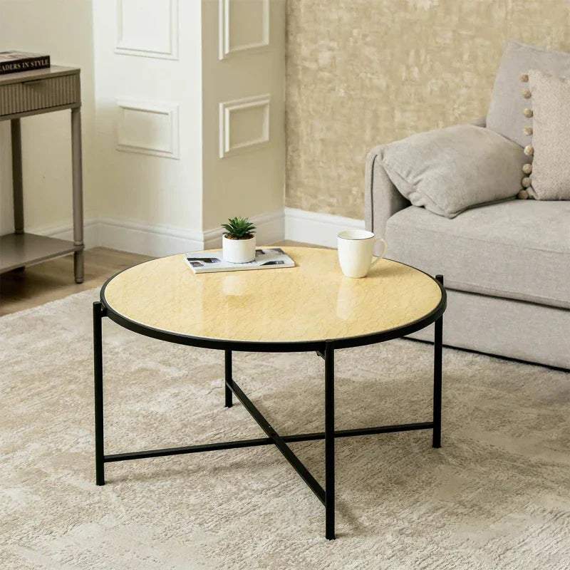 45cm Black Metal Coffee Table with Travertine Marble Top