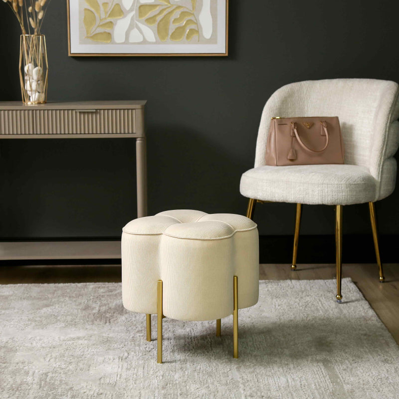 45cm Cream Velvet Clover Ottoman with Gold Legs