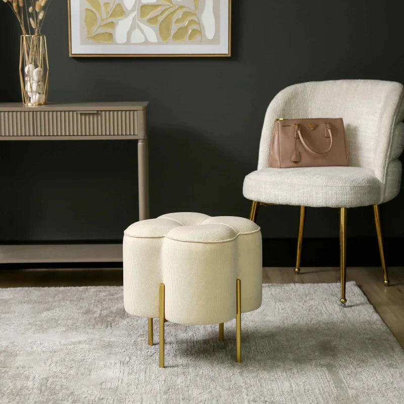 45cm Cream Velvet Clover Ottoman with Gold Legs