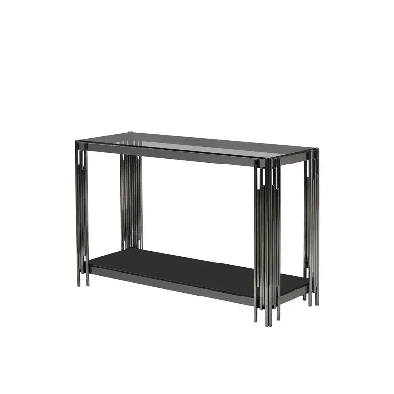 Cohen Black Gunmetal Steel Tubes and Smoke Glass Top Console Table