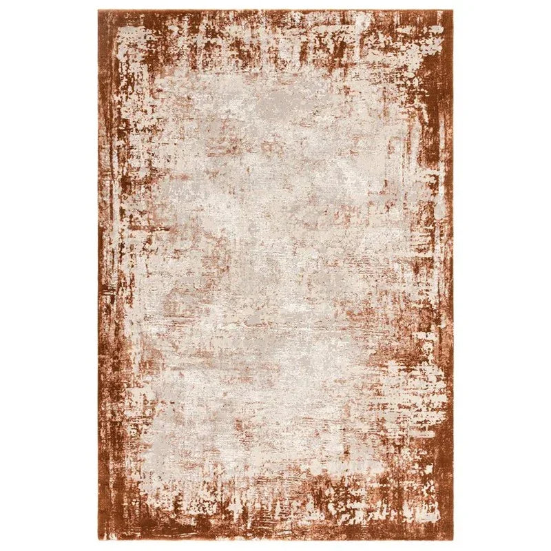 Modern distressed area rug with beige center and rust orange border pattern