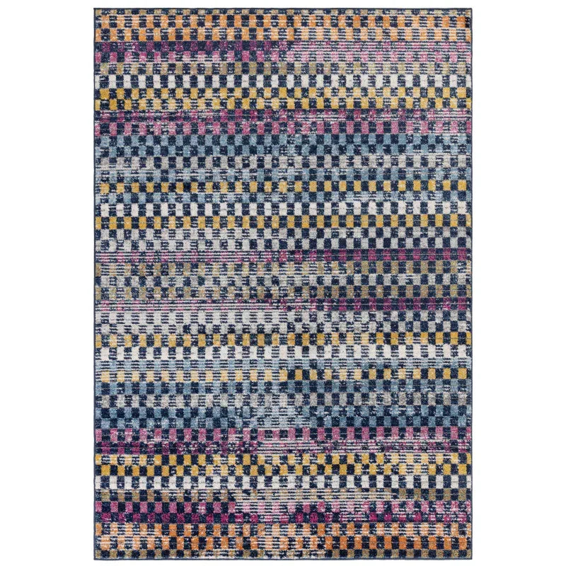 Multicolour checkered area rug with blue, yellow, and pink squares in geometric pattern