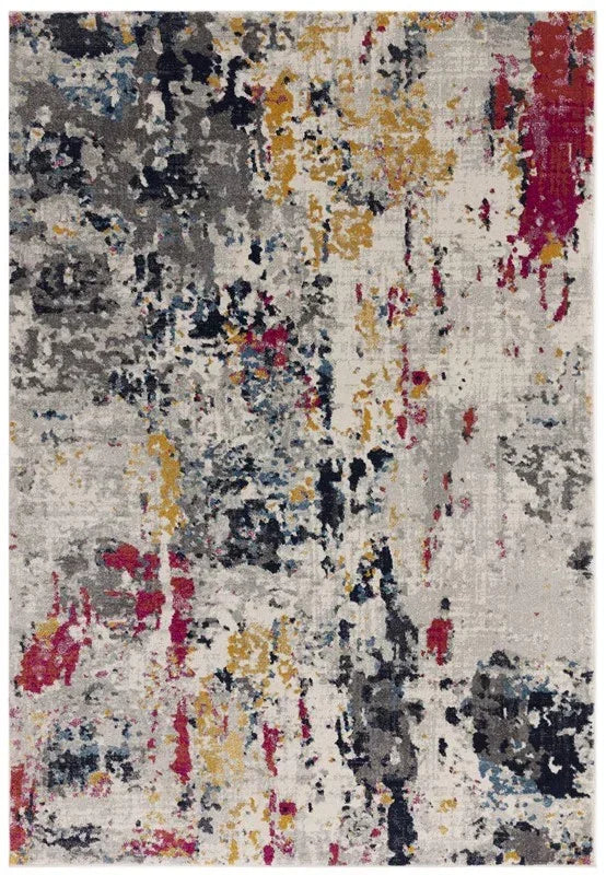 Modern abstract area rug with grey, yellow, blue and red pattern