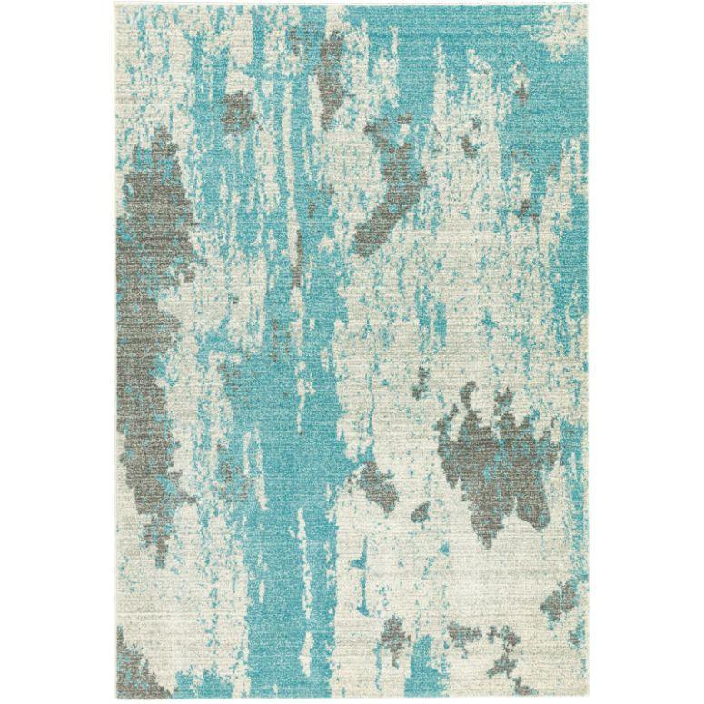 Blue and grey abstract area rug with textured modern pattern