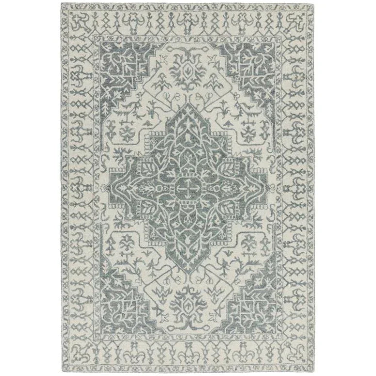 Grey and ivory patterned area rug with intricate central medallion and decorative border