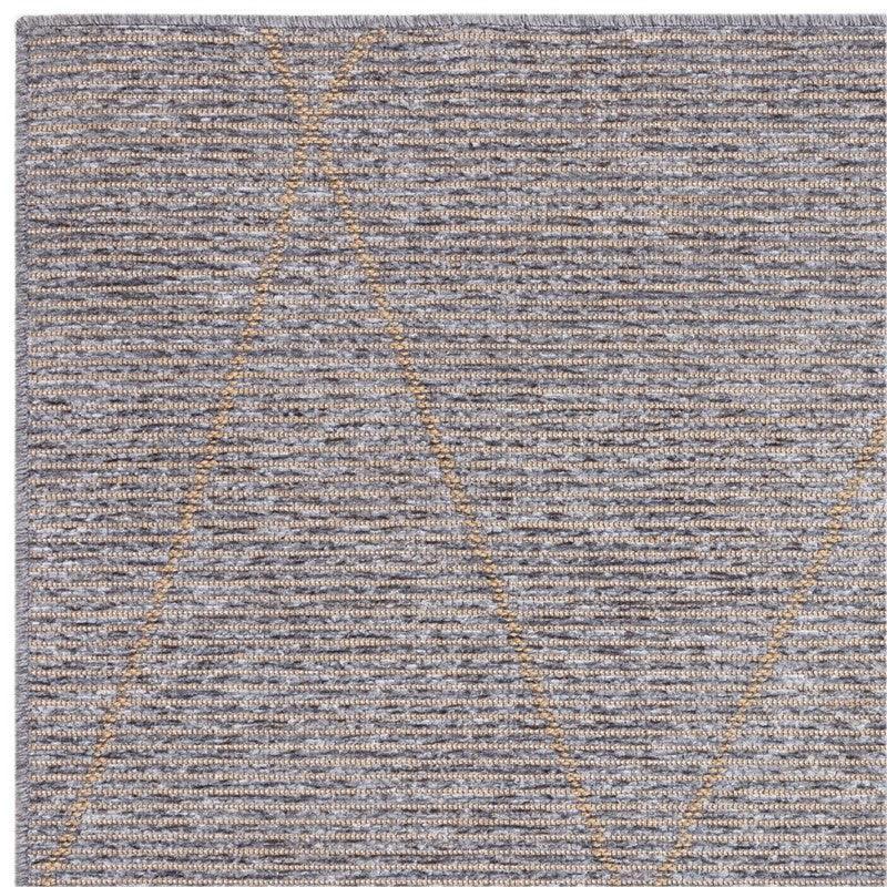 Grey textured area rug with subtle beige geometric lines and woven detail