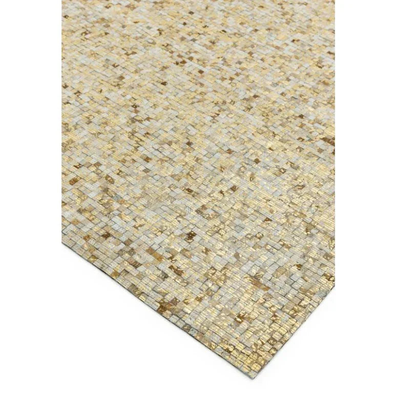 Gold and silver mosaic patterned area rug corner view