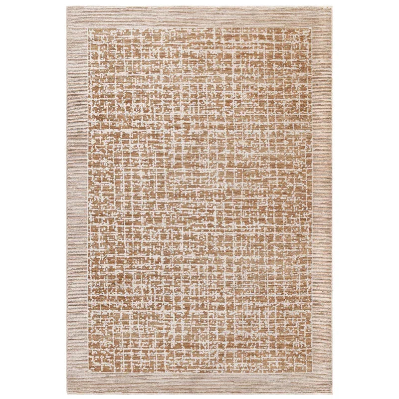 Beige patterned area rug with textured grid design and solid border