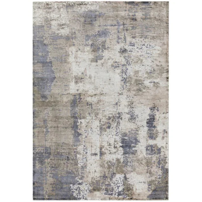 Modern abstract area rug with blue, grey, and beige pattern