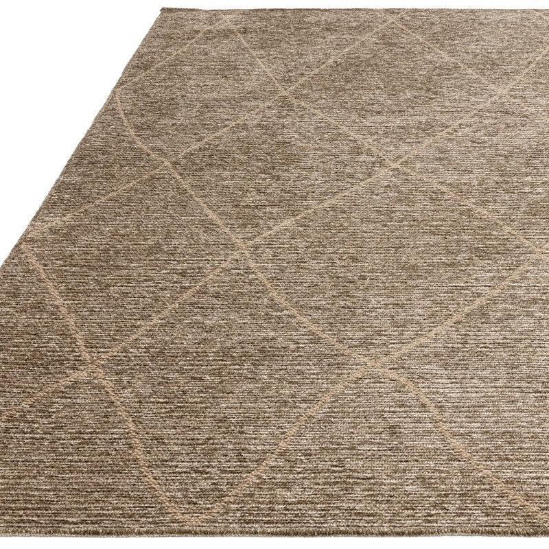 Beige area rug with subtle diamond pattern and textured woven finish