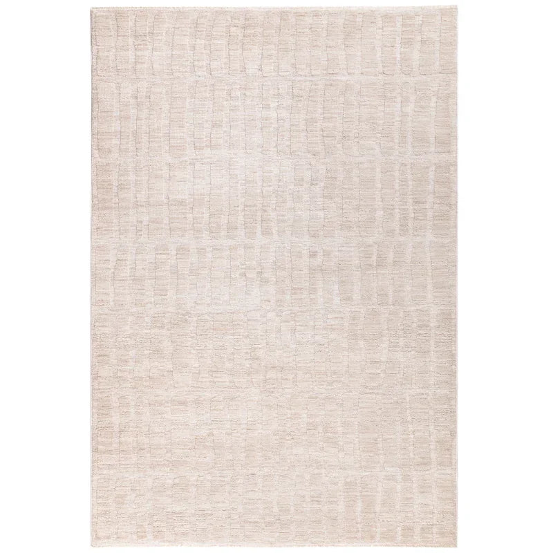Beige textured area rug with subtle geometric pattern, photographed from above