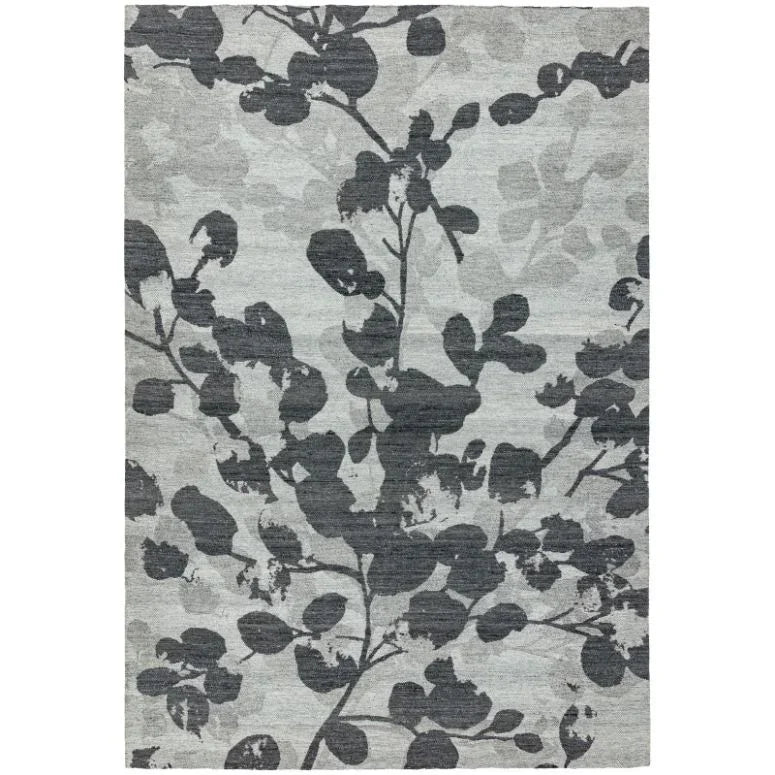 Grey area rug with botanical leaf pattern in modern abstract design
