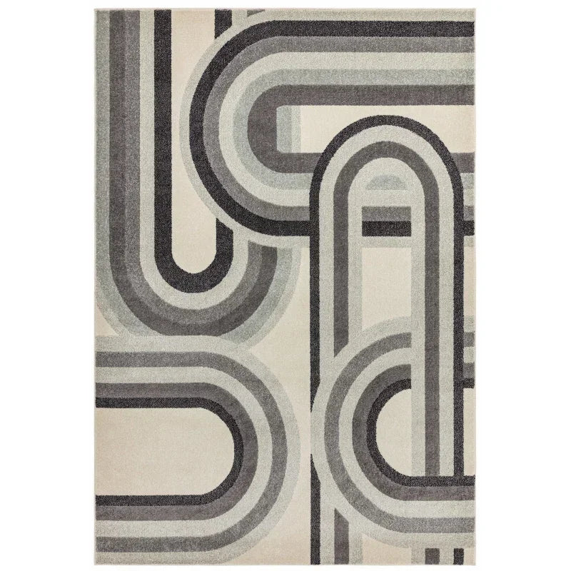 Grey geometric area rug with overlapping curved line pattern on cream background