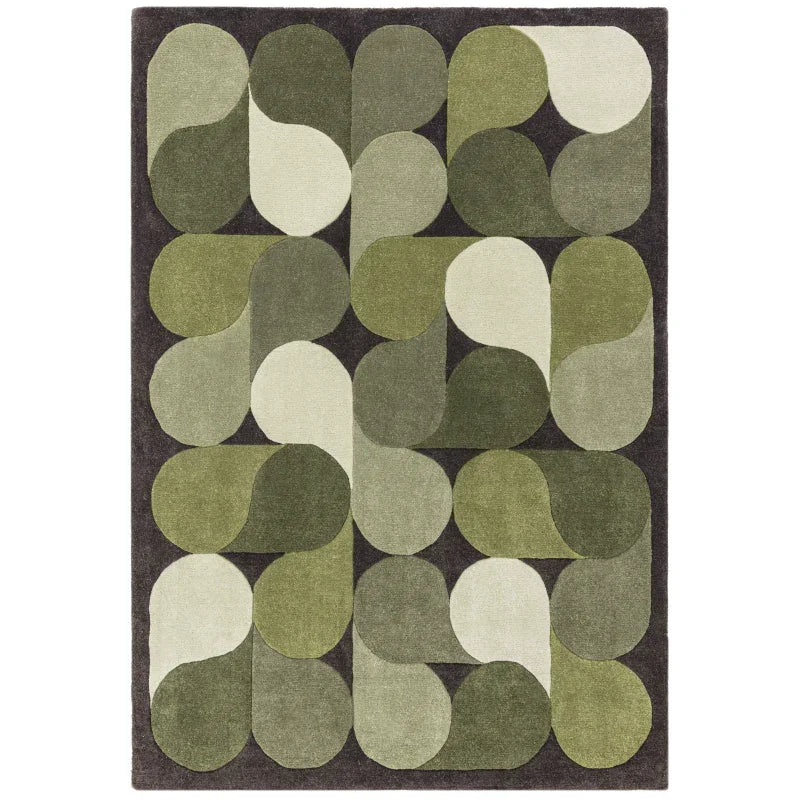 Green and grey geometric pattern area rug with rounded shapes and modern design
