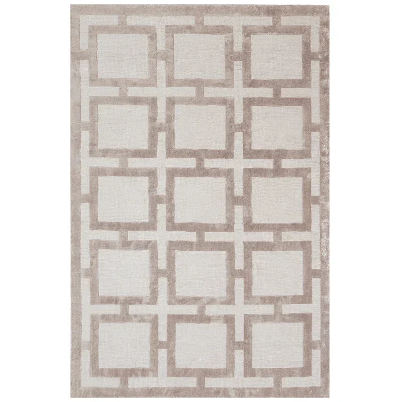 Beige and cream geometric rug with square pattern for living room or bedroom decor