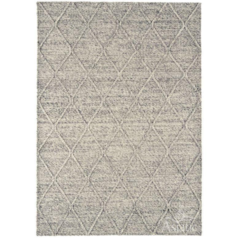 Grey textured area rug with diamond lattice pattern viewed from above