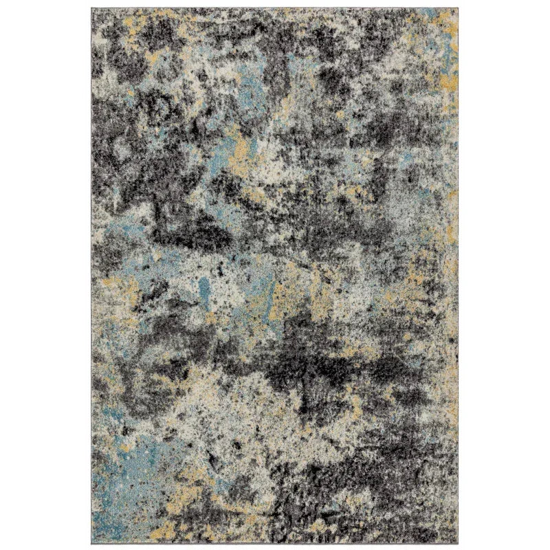 Abstract patterned area rug with grey, blue, and yellow tones