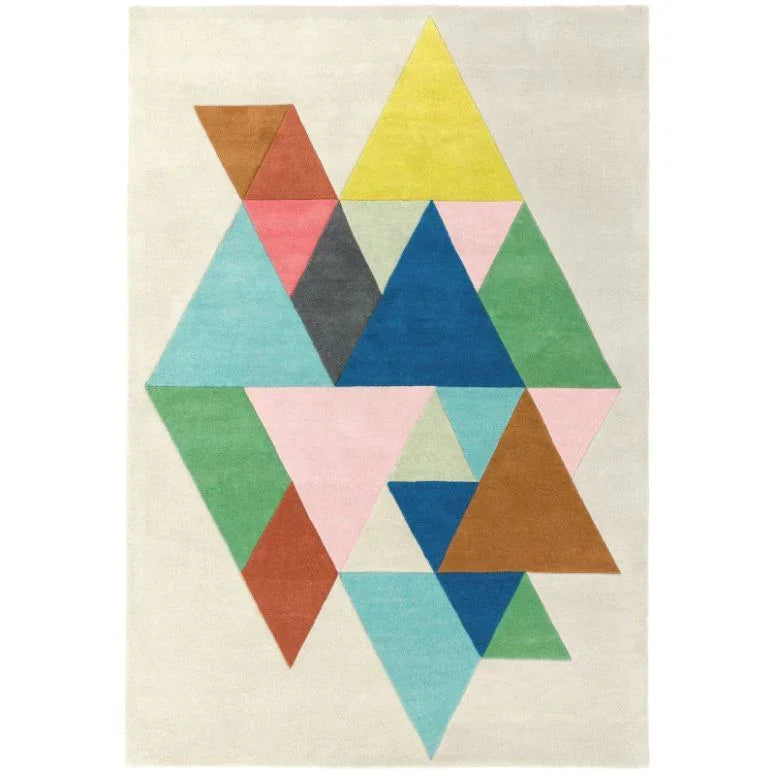 Geometric rug with multicolour triangles on cream background