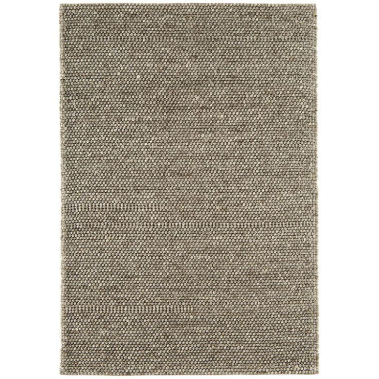 Beige textured wool rug with subtle horizontal stripe pattern, overhead view