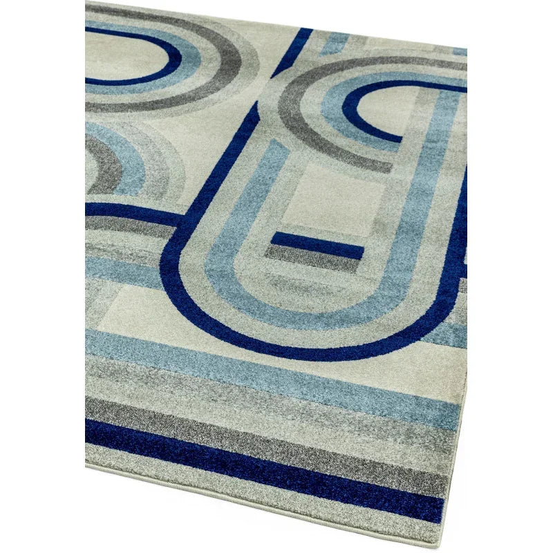 Blue and grey geometric pattern rug with curved lines viewed from above