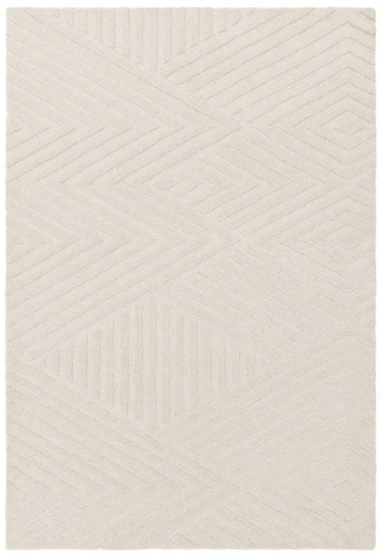 Cream geometric rug with embossed diamond and line pattern, shown from above