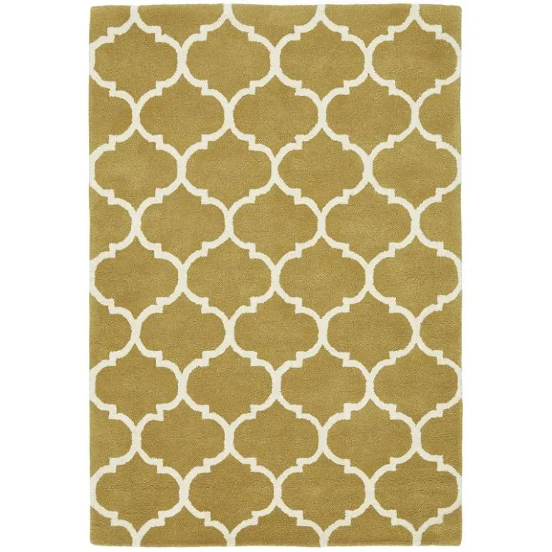 Beige area rug with white geometric trellis pattern and rectangular shape