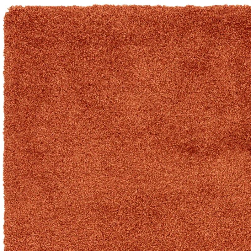 Terracotta shaggy rug corner showing dense, soft pile texture and rich color