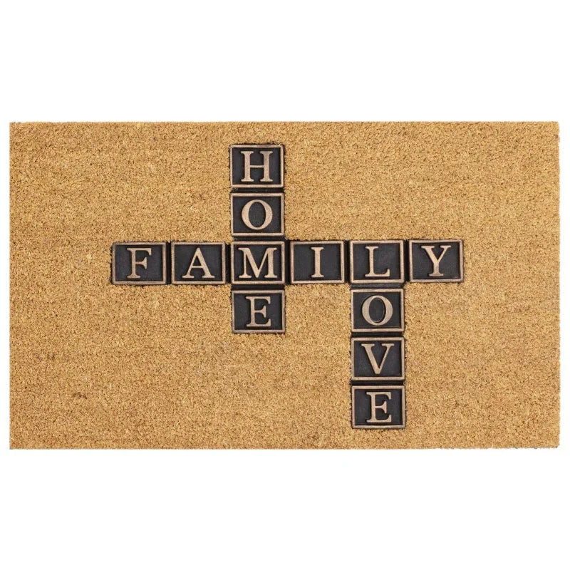 Coir doormat with HOME, FAMILY, LOVE in black letter tiles on natural background