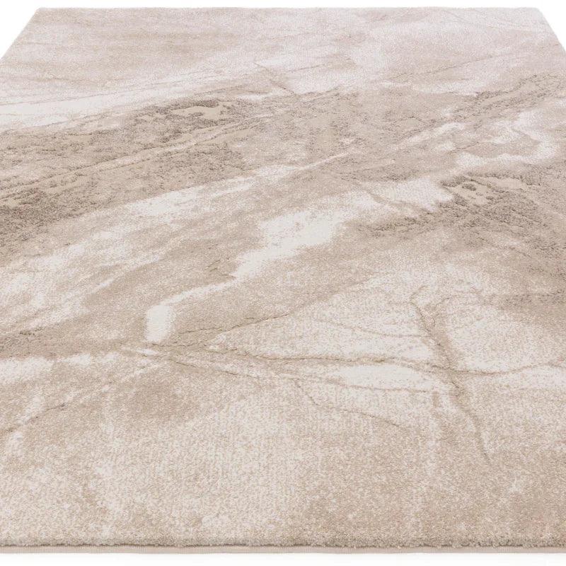 Beige abstract modern rug with marble effect pattern and short pile