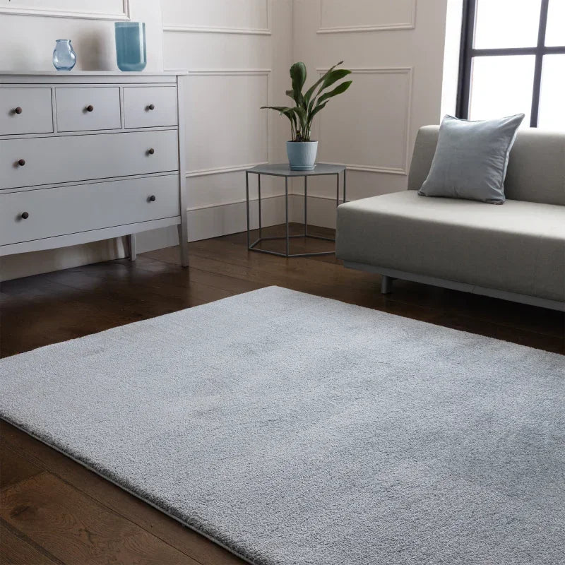 Light grey area rug on dark wood floor in modern living room with sofa and chest of drawers