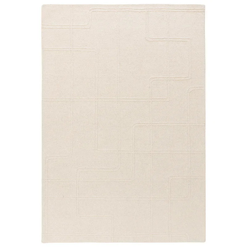 Cream modern rug with subtle raised line pattern, rectangular shape, top-down angle