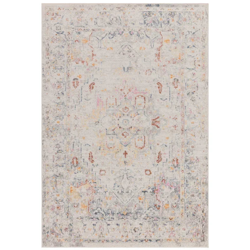 Beige patterned area rug with subtle vintage design and multicolour accents