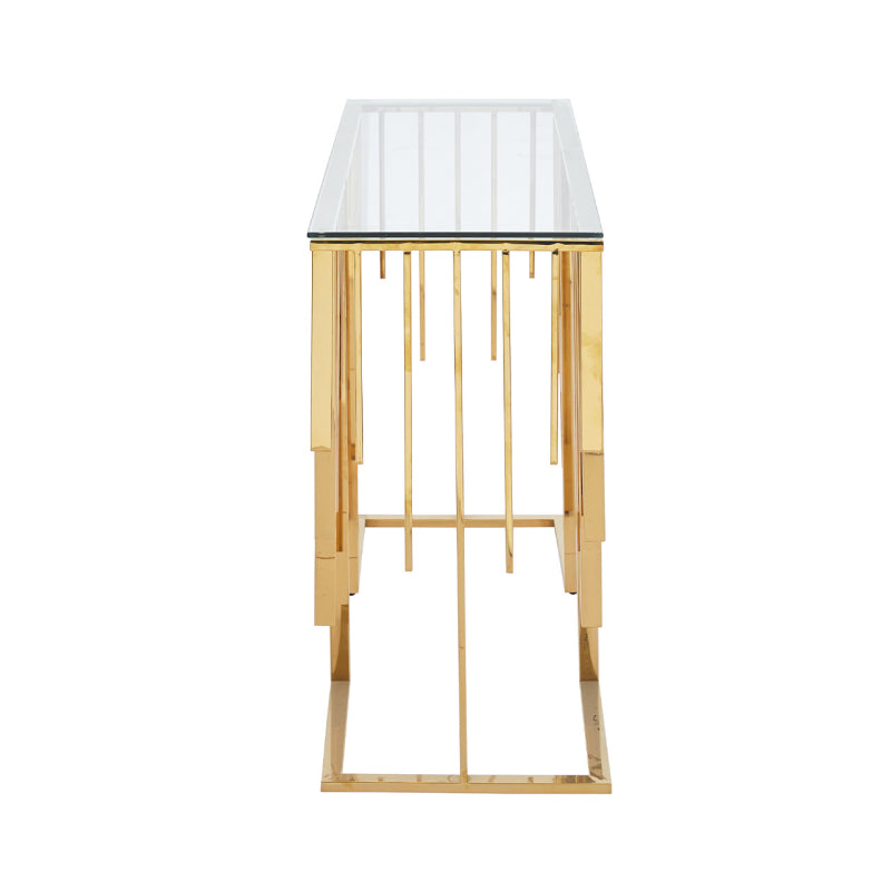 Owen Gold Metal Console Table with Clear Glass Top