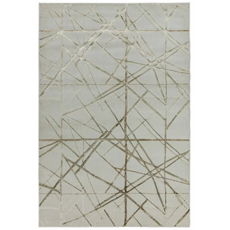 Modern area rug with beige geometric line pattern on light background