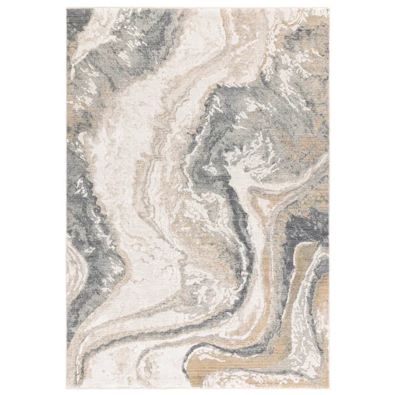 Abstract area rug with beige, grey, and cream marble swirl design