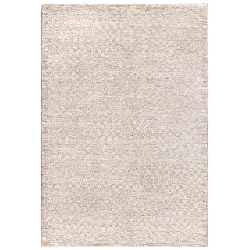Beige textured area rug with subtle checkerboard pattern, shown from overhead angle