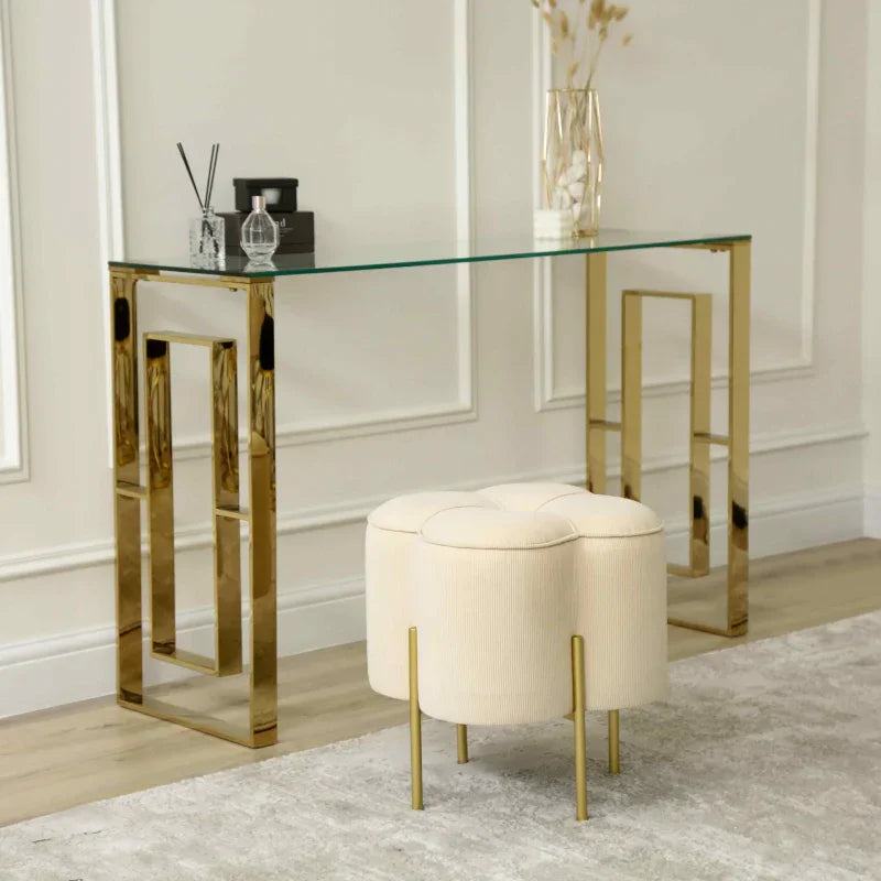 45cm Cream Velvet Clover Ottoman with Gold Legs