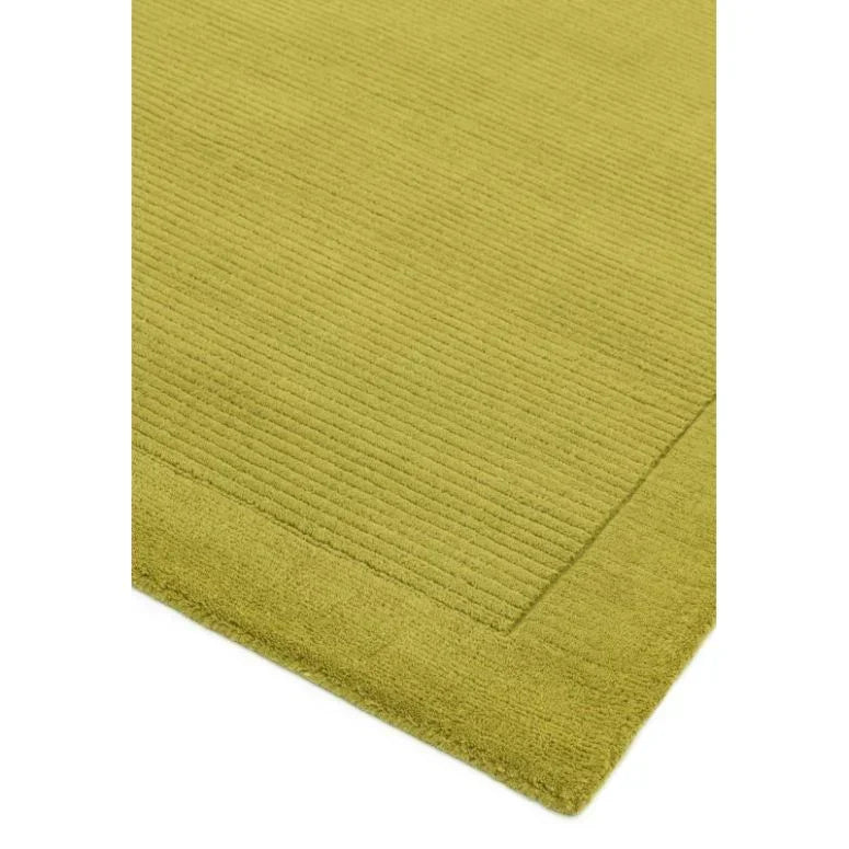 Green area rug with ribbed texture and plain border, corner view