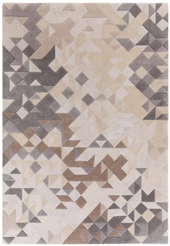 Geometric patterned area rug in beige, grey and taupe with an abstract modern design