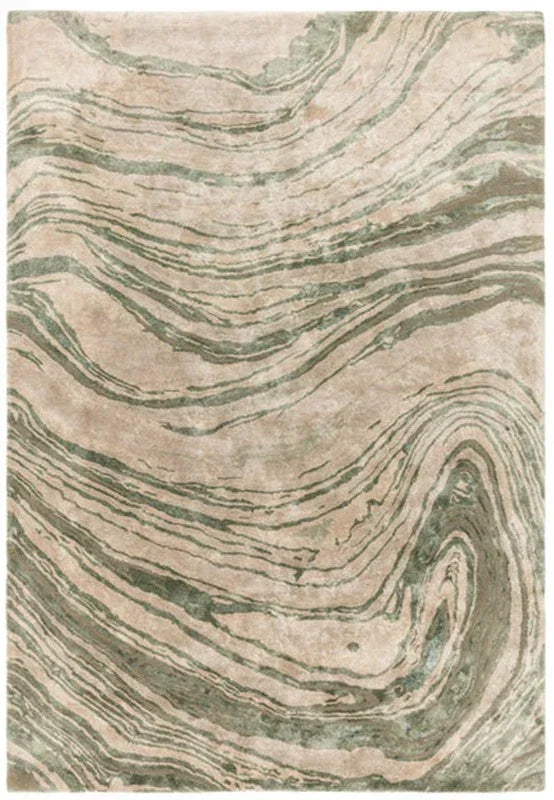 Beige area rug with green marbled swirl pattern, rectangular, modern living room decor