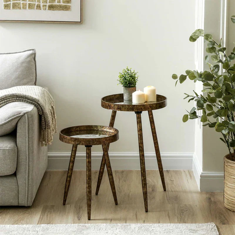 Set of 2 Antique Gold and Mirror Top Nesting Table