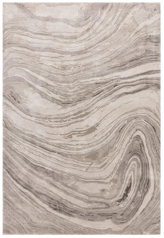 Beige and grey abstract area rug with marble swirl pattern