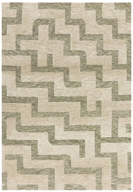 Beige area rug with green geometric pattern and textured finish
