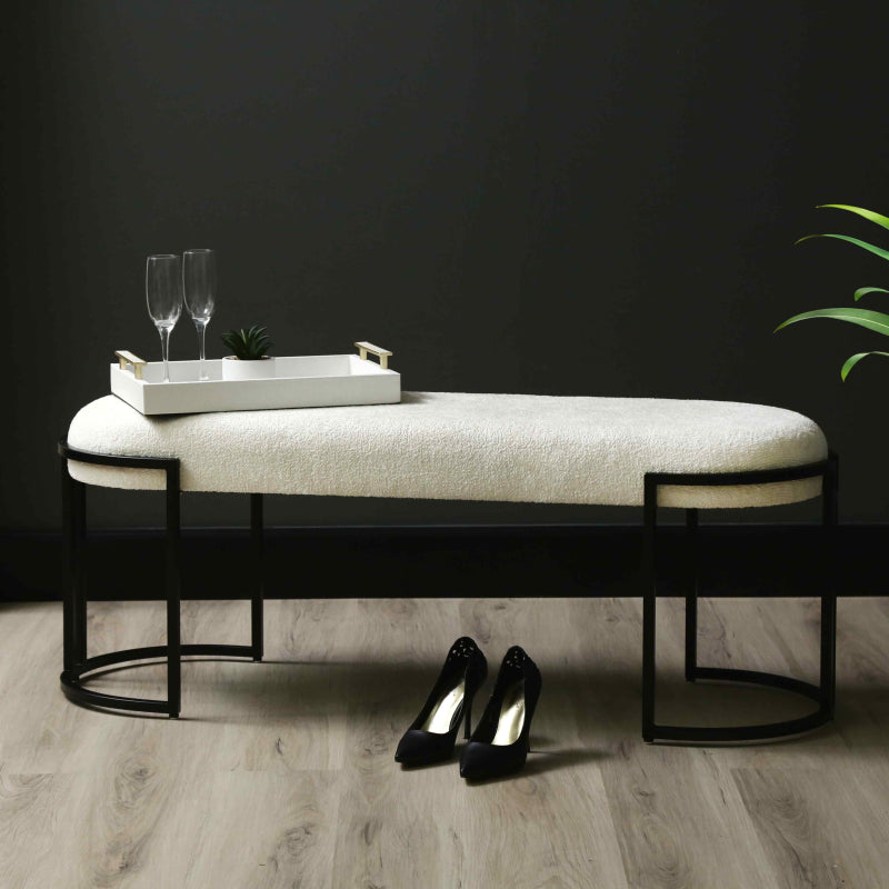 120cm White Boucle Bench with Black Legs