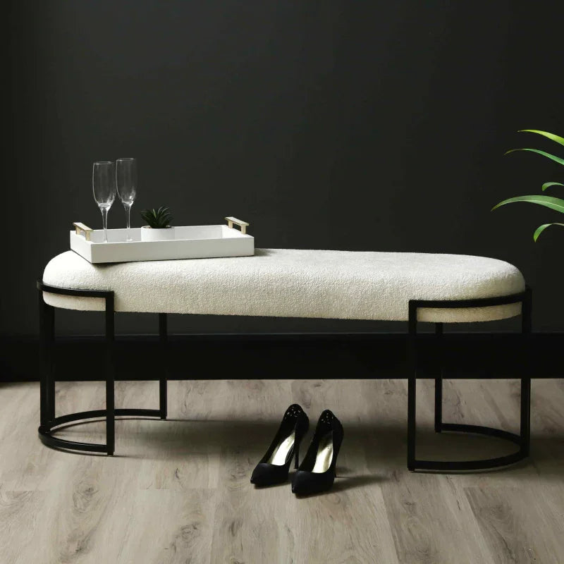 120cm White Boucle Bench with Black Legs
