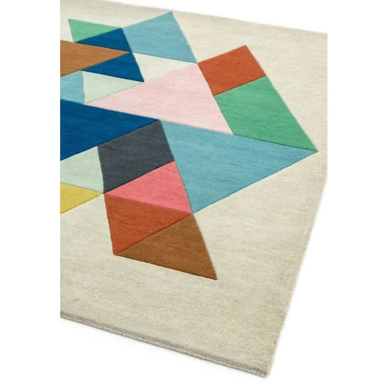 Geometric area rug with multicolour triangles on cream background, modern living room decor