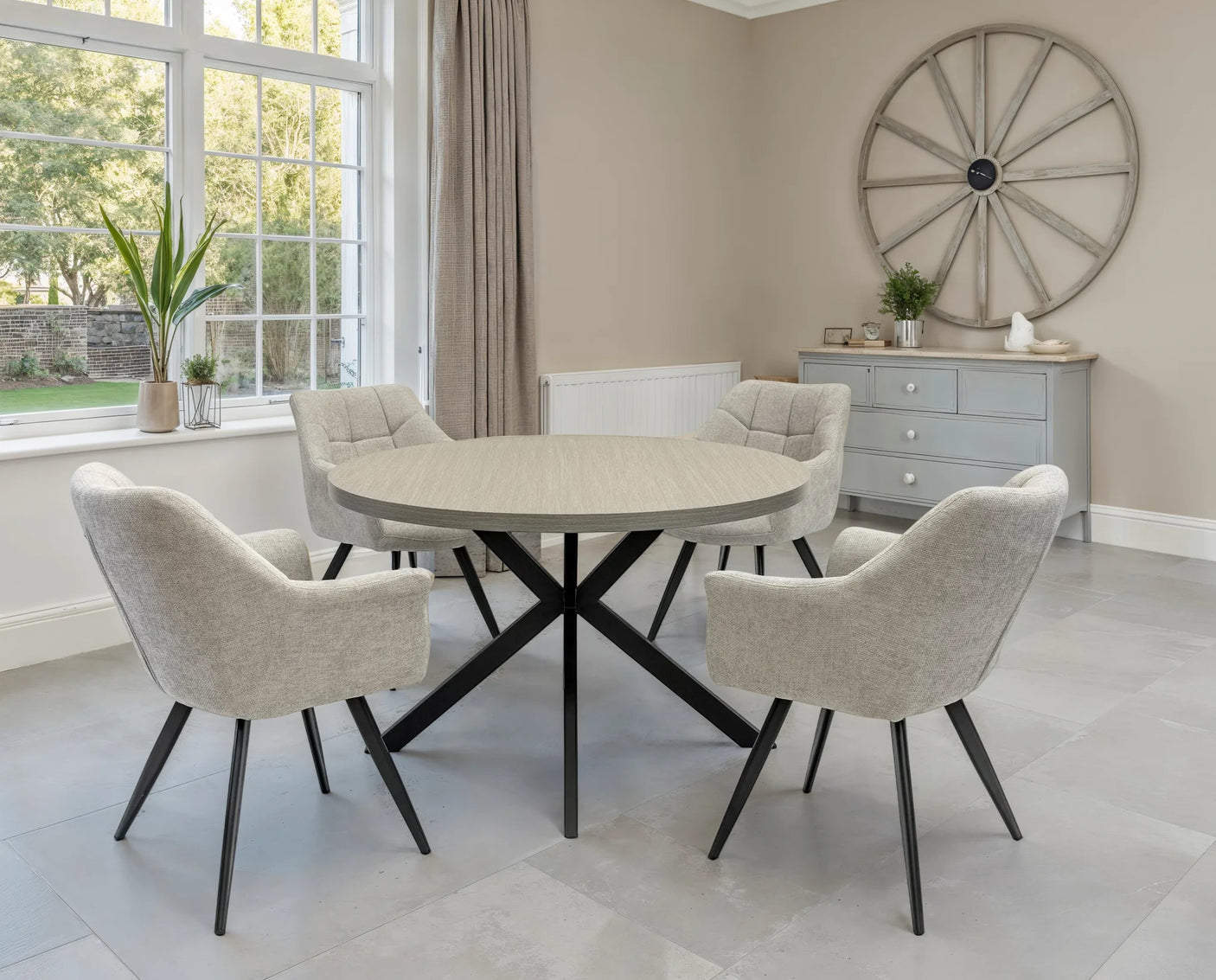 Russo 1.2m Round Dining Table - Grey Melamine / Black Leg
