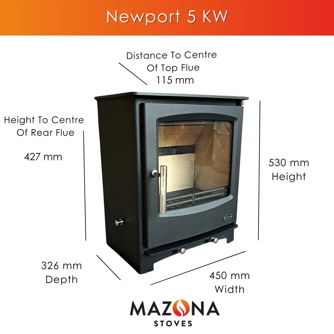 Black Newport 5KW stove with glass front, metal handle, and labeled dimensions