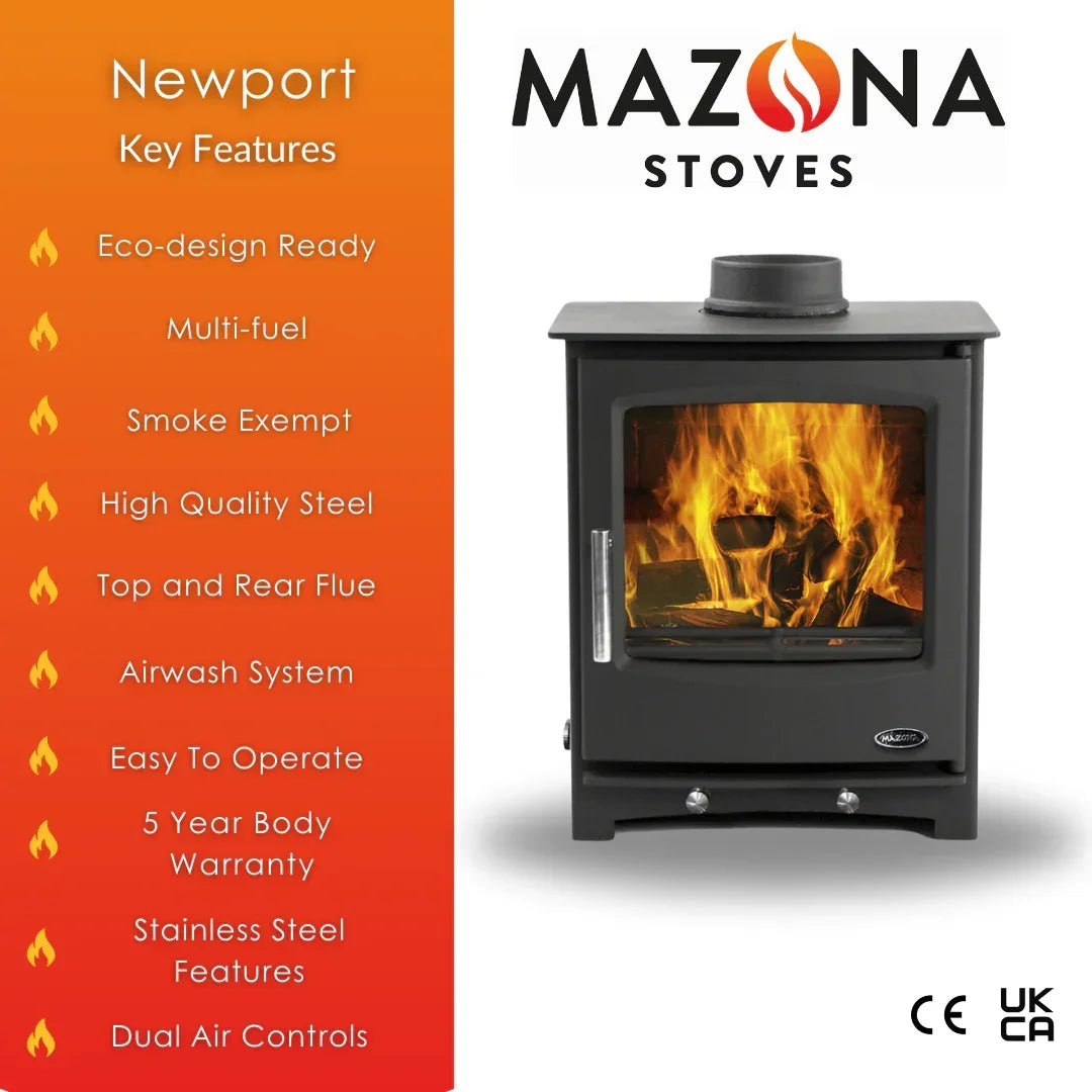 Black steel multi-fuel stove with fire burning, features list on orange background beside it